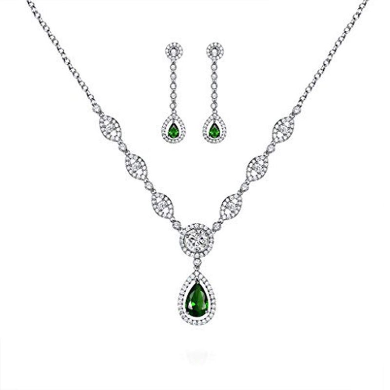 GULICX AAA Cubic Zirconia Women's Party Silver Tone Emerald-Color Jewelry Set Earrings Pendant Necklace - Image 1